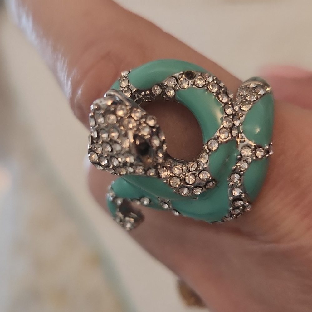 TURQUOISE ENAMEL AND PAVE RING COILED SNAKE SZ 8.25